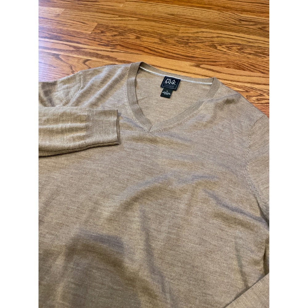Jos. A. Bank Men Sweater XL Tan Traveler 100% Merino Wool V-Neck Long Sleeve